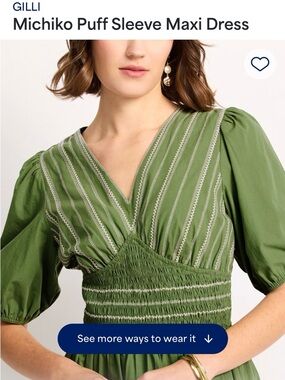 GILLI Olive Green Puff Sleeve Maxi Dress with White Stitching